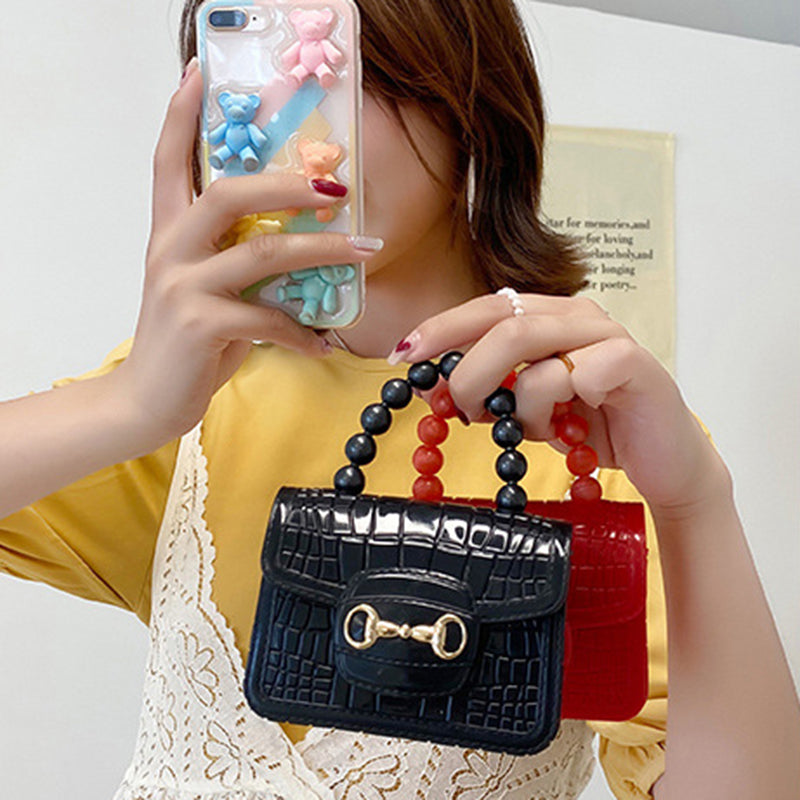 Crocodile Texture Women Girl Handbag PU Leather Makeup Lipstick Small Tote Bag with Beads Tote Handle Crocodile Texture Women Girl Handbag PU Leather Makeup Lipstick Small Tote Bag with Beads Tote Handle
